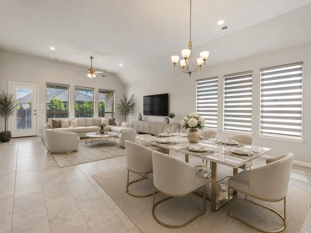 Virtually Staged Open-concept living area featuring a vaulted ceiling with recessed lighting, tile flooring, and a ceiling fan