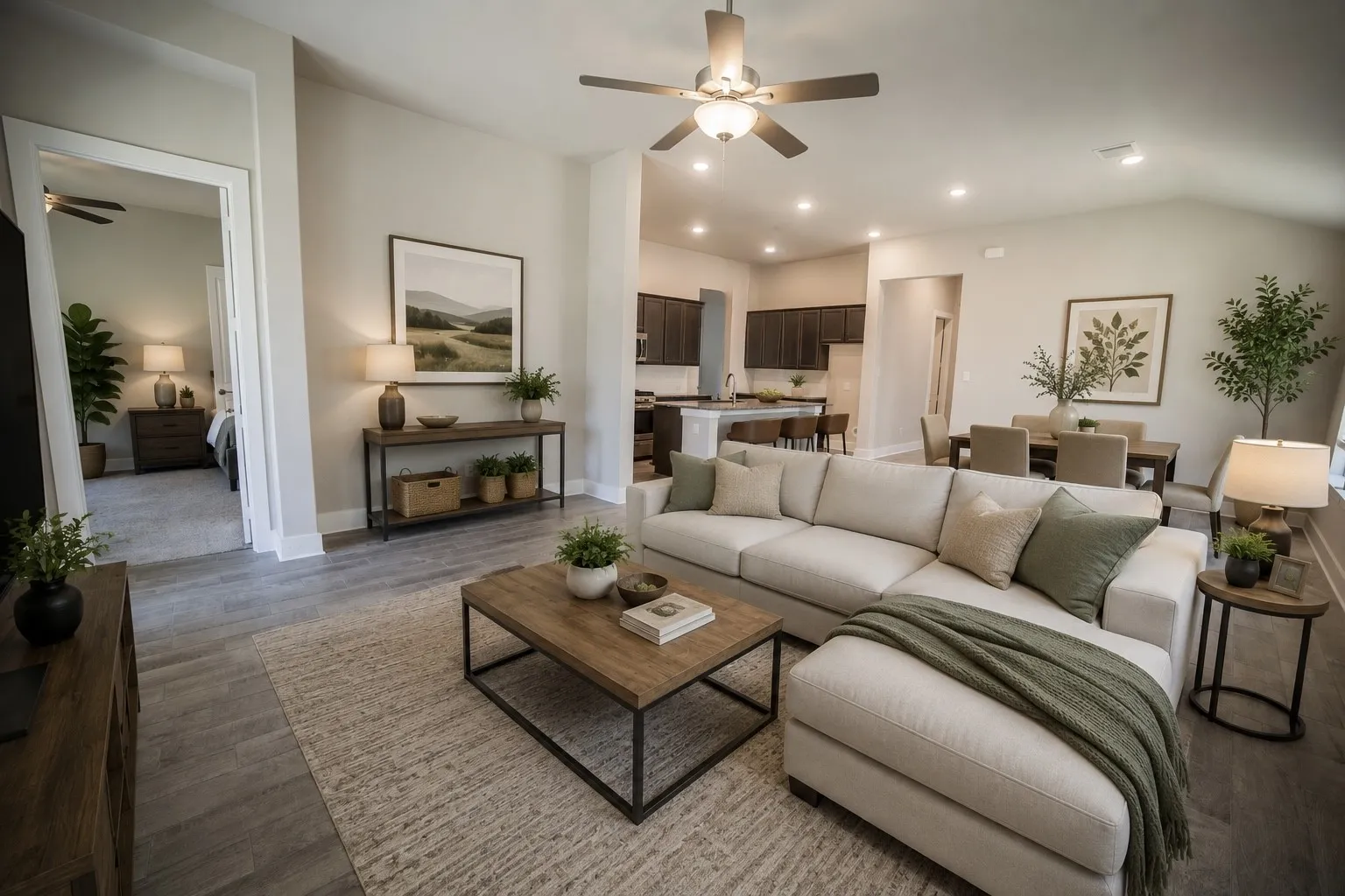 Open-concept living space with wood-finish flooring