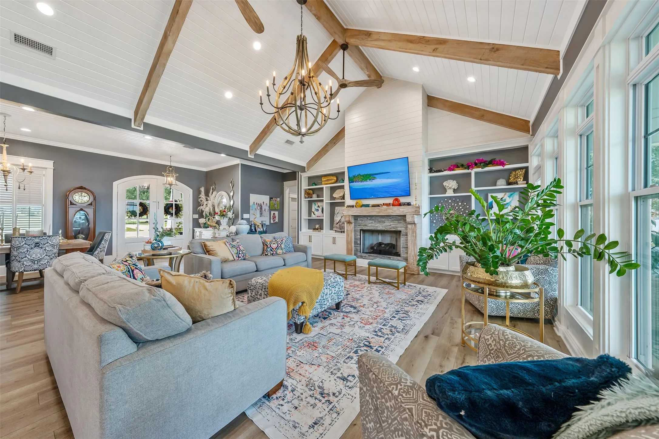 Vaulted plank ceiling with exposed wood beams