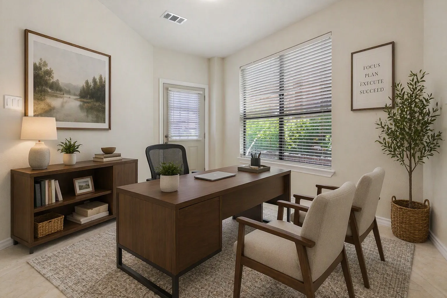 Virtually Stages Office space featuring a large window with blinds, wood-finish flooring, and light-colored walls