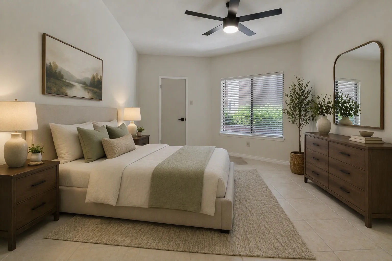 Virtually Staged Vaulted ceiling bedroom featuring light-toned tile flooring and a ceiling fan with integrated lighting