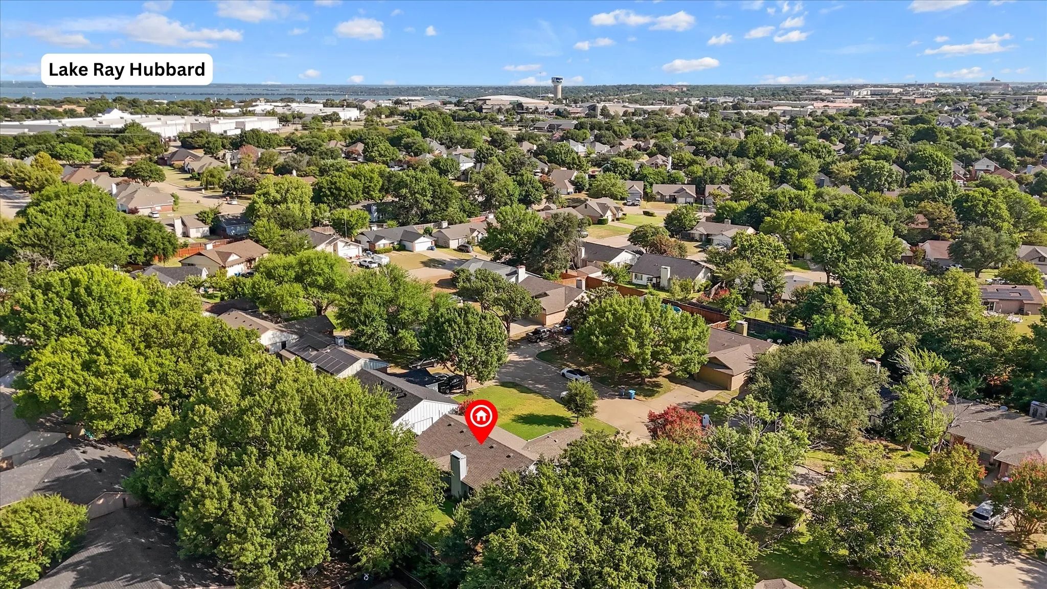 Aerial perspective highlighting Lake Ray Hubbard, nearby shopping (Lowes, Target and Kroger).
