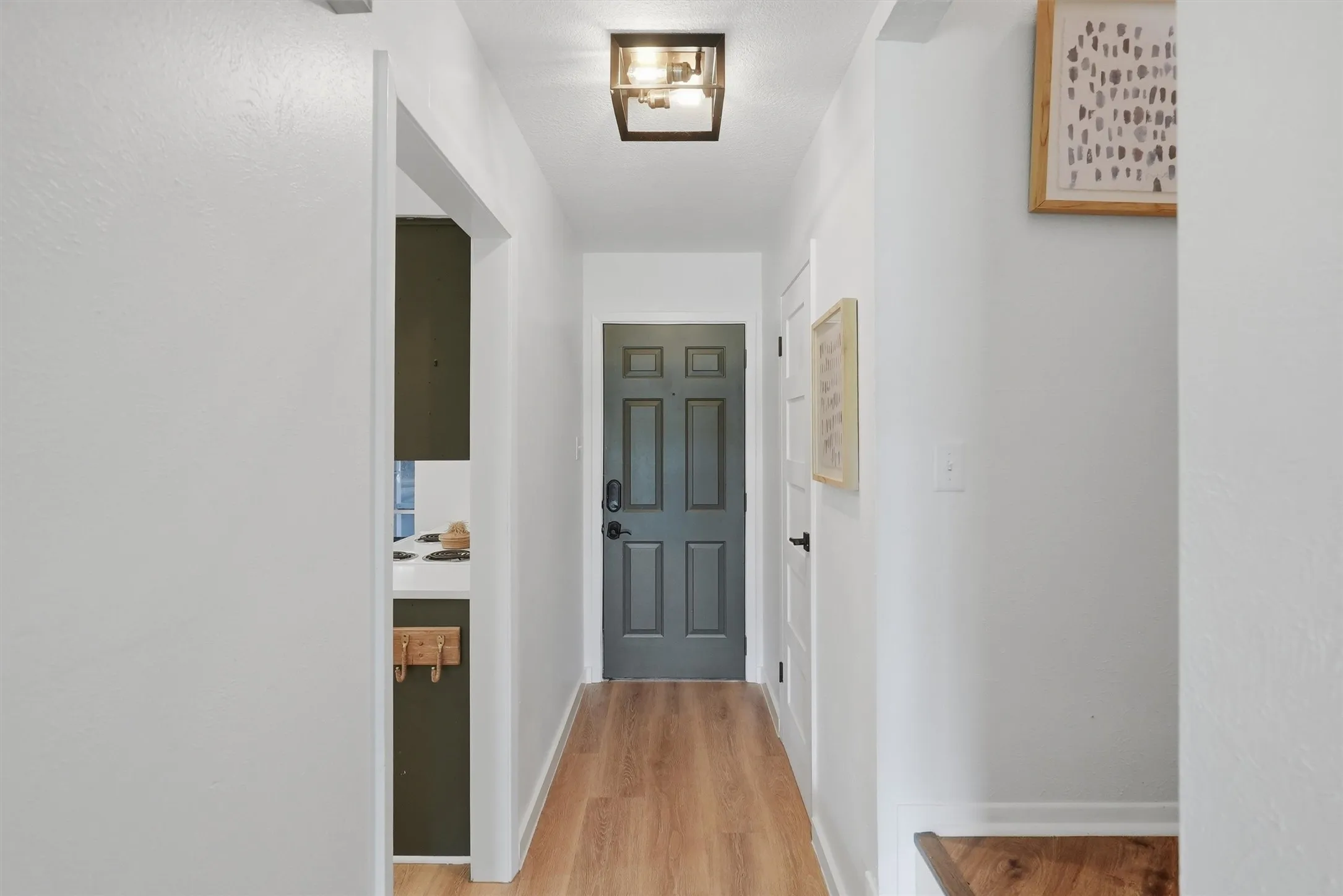 Hallway featuring light wood-finish flooring, white walls, and a dark paneled door with black hardware