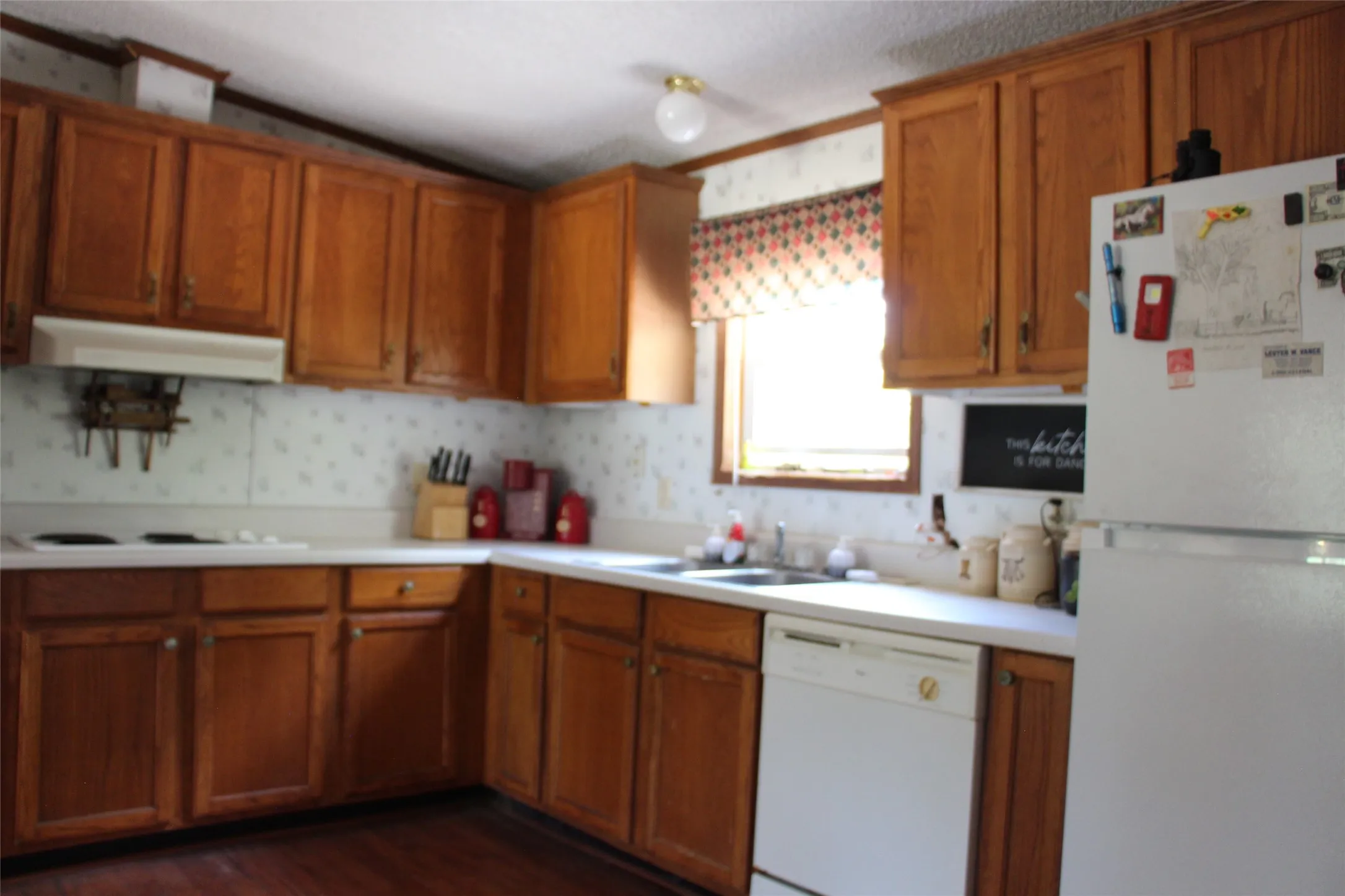 Kitchen featuring wood cabinetry, white countertops, a built-in dishwasher, a double basin sink, and a four-burner electric cooktop with an overhead range hood
