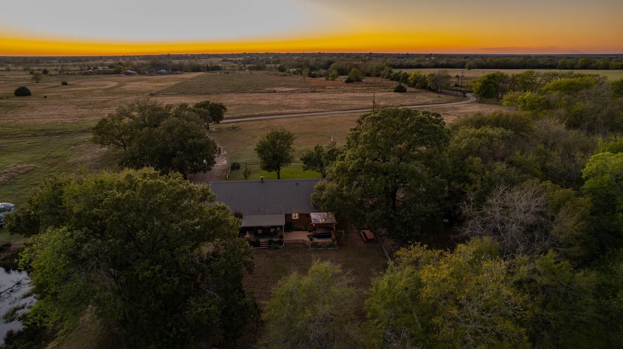 Aerial view at dusk with a rural view