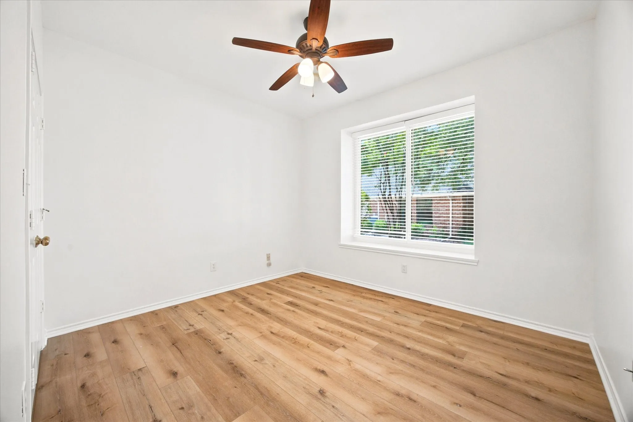 Bright room featuring wood-finish flooring, a white trim package, and a ceiling fan with light fixture