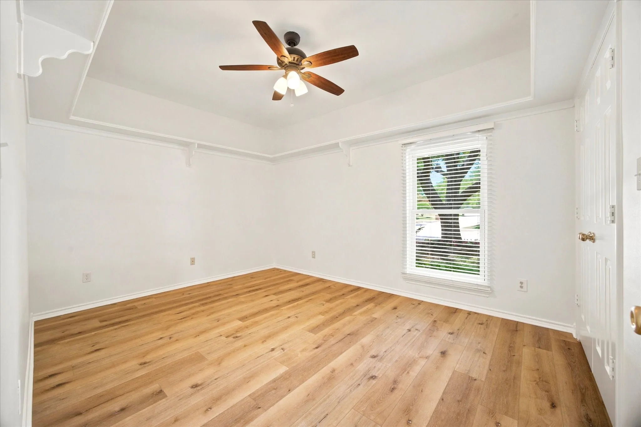 Spacious room featuring wood-finish flooring, a tray ceiling with a ceiling fan, and white trim molding