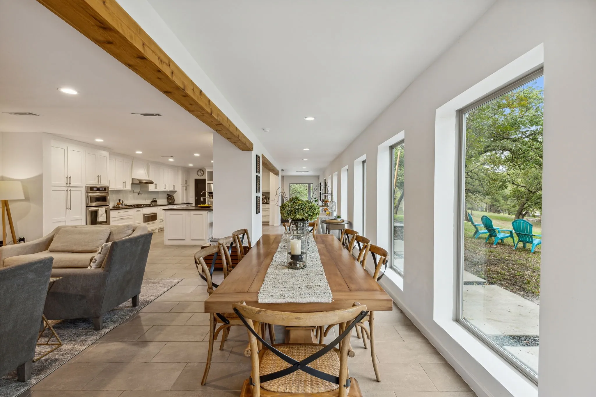 Dining space with beamed ceilings and gorgeous views of the outdoors