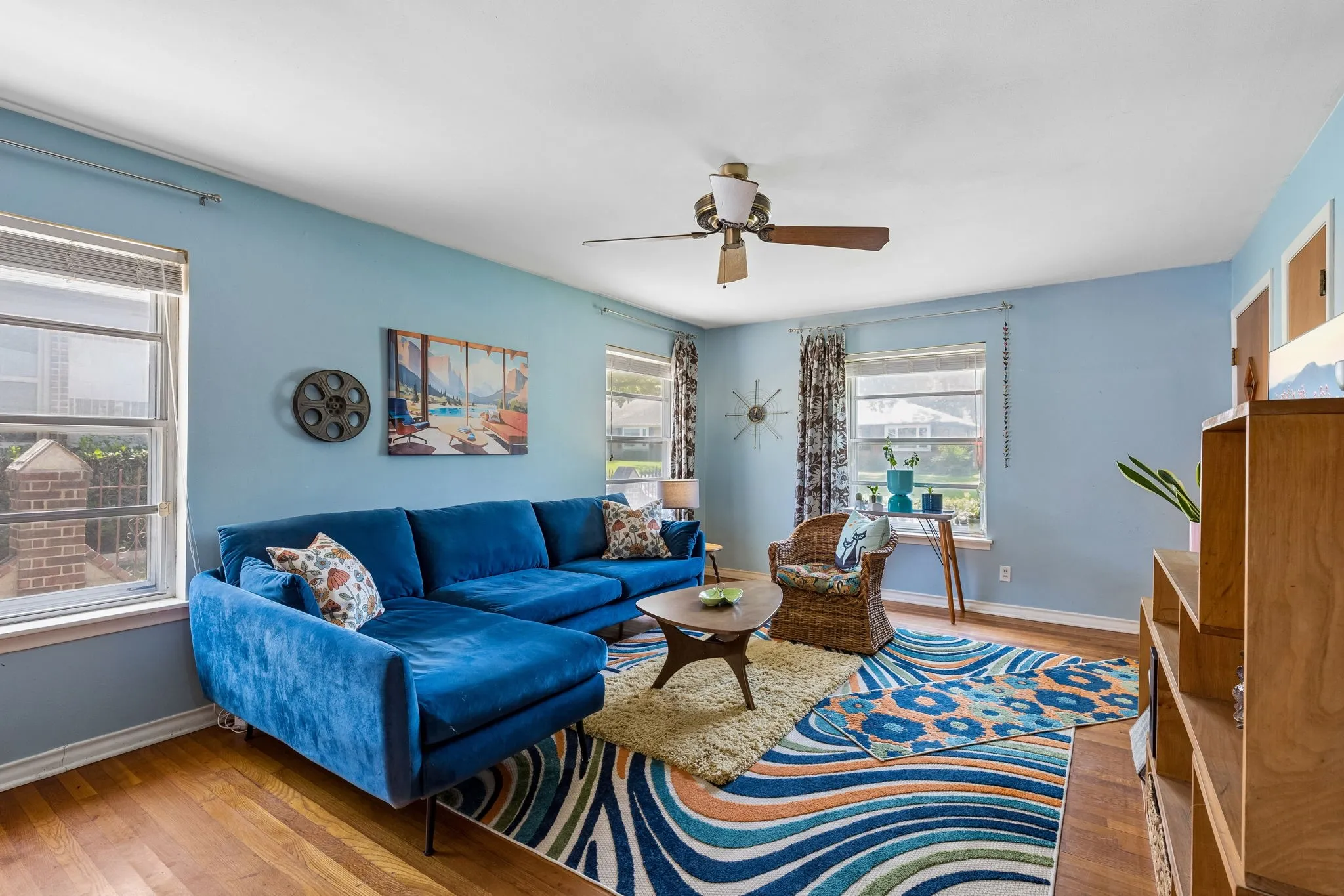 Living area has windows on two sides allowing a lot of natural light.