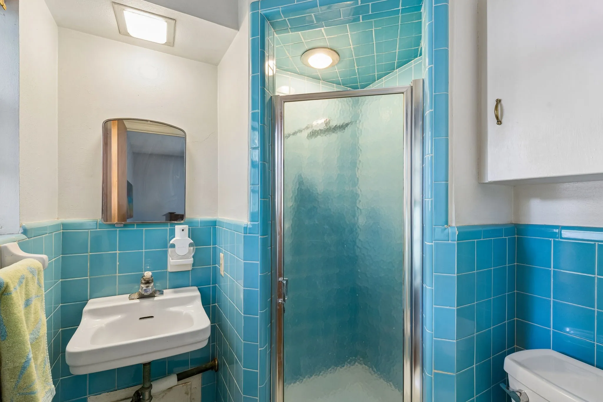 Primary bathroom with beautiful, well-maintained mid-century tile.