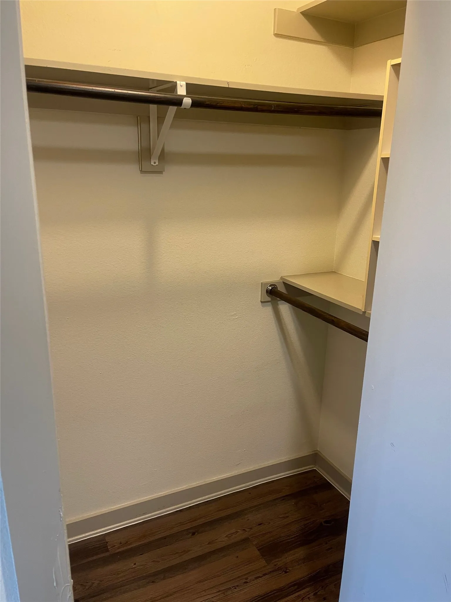 Walk-in closet featuring wood-finish flooring, built-in shelving, and multiple clothing rods