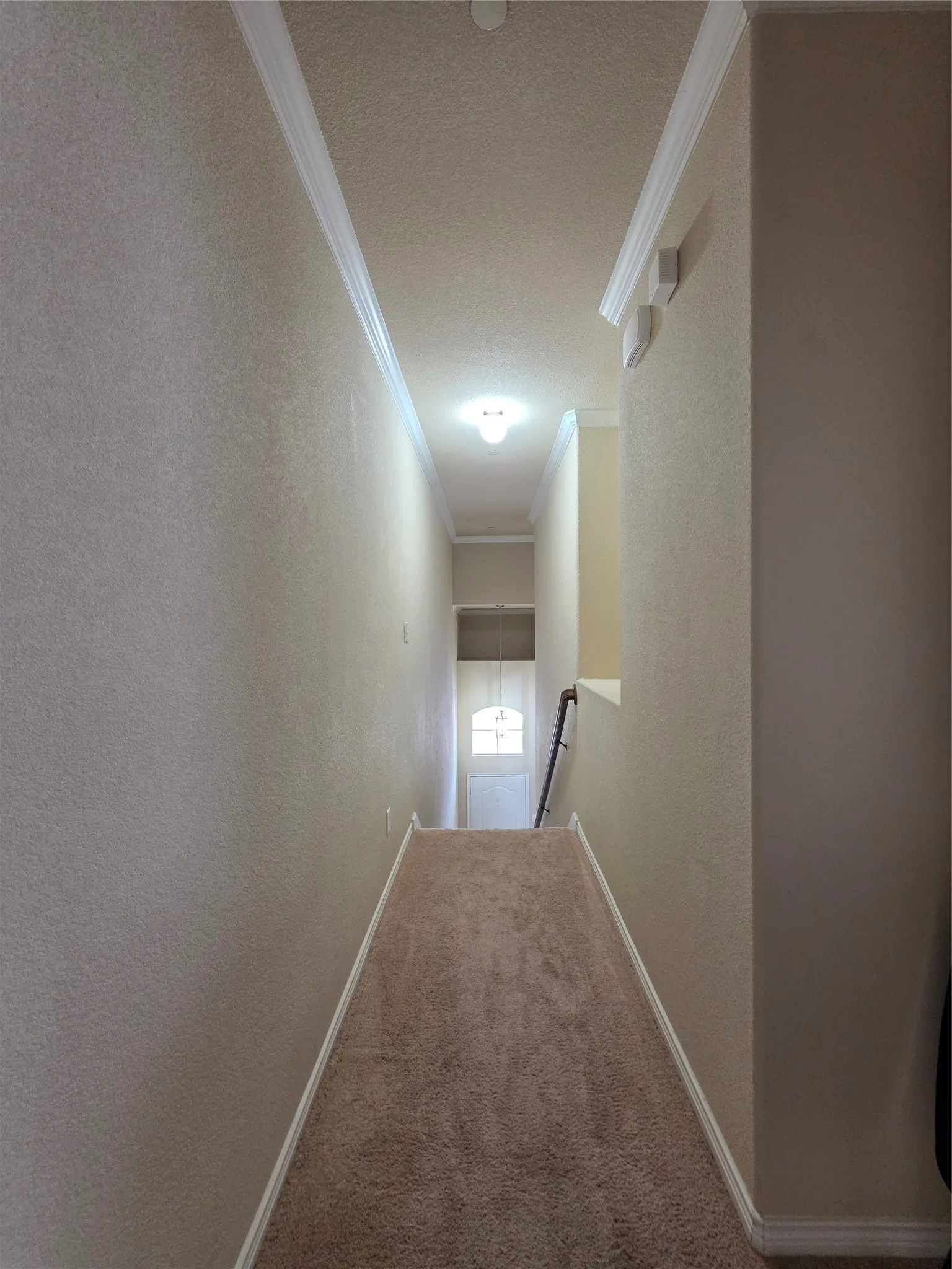 Carpeted staircase with crown molding and recessed lighting