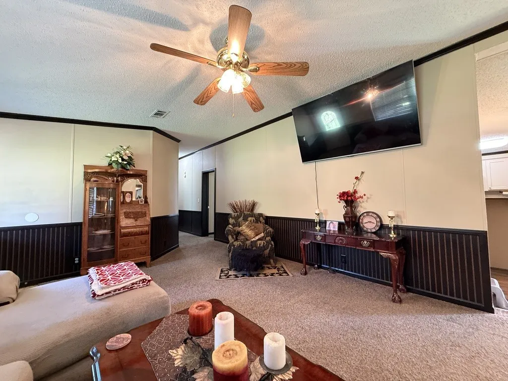 Carpeted living area featuring a ceiling fan with integrated lighting, two-tone wall paneling, and a mounted flat-screen television