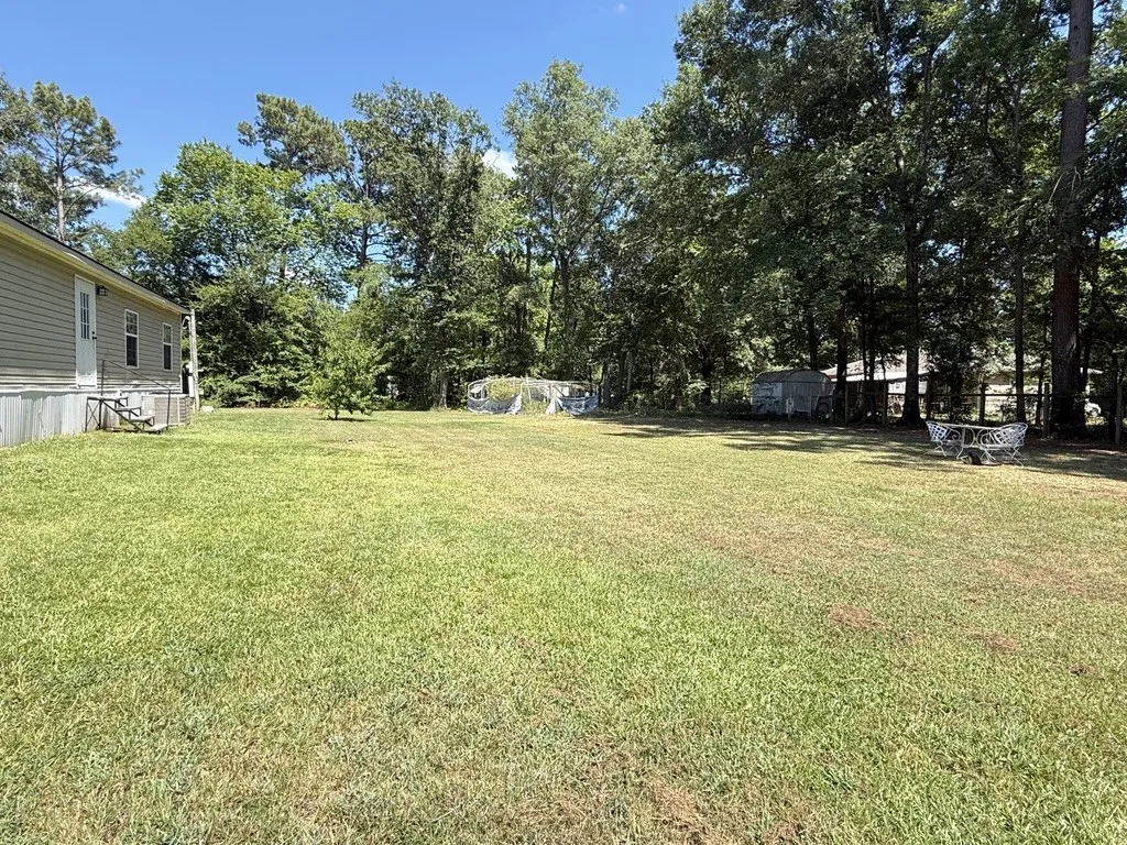 Expansive grassy yard area with mature perimeter trees