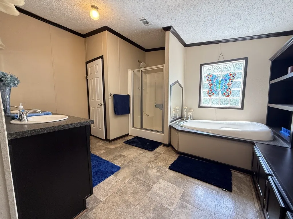 Spacious bathroom featuring a built-in soaking tub, separate shower enclosure with a glass door, and a vanity with a single sink