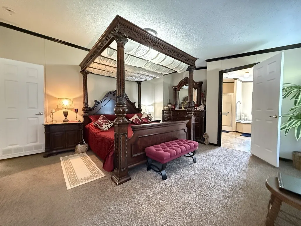 Carpeted room featuring a ceiling fan, crown molding, and two panel doors