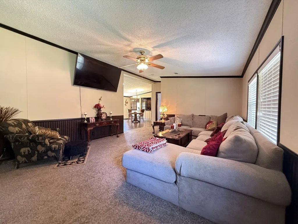 Living area with textured ceiling, ceiling fan, and light-toned walls