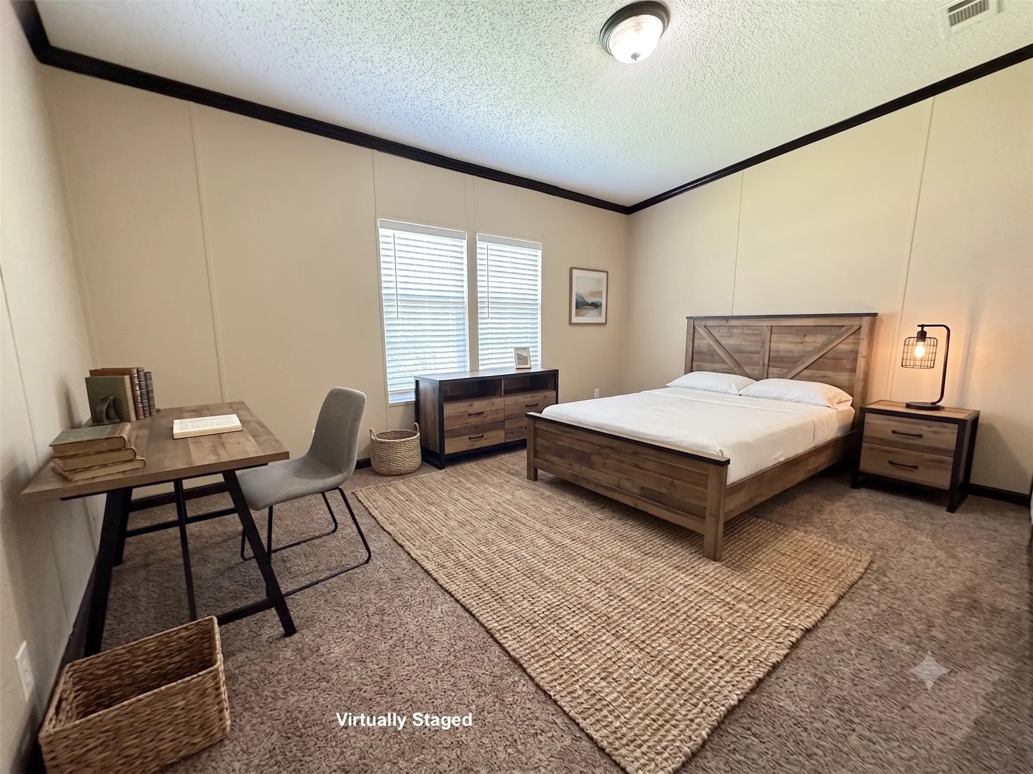 Carpeted room featuring light beige walls and dark trim