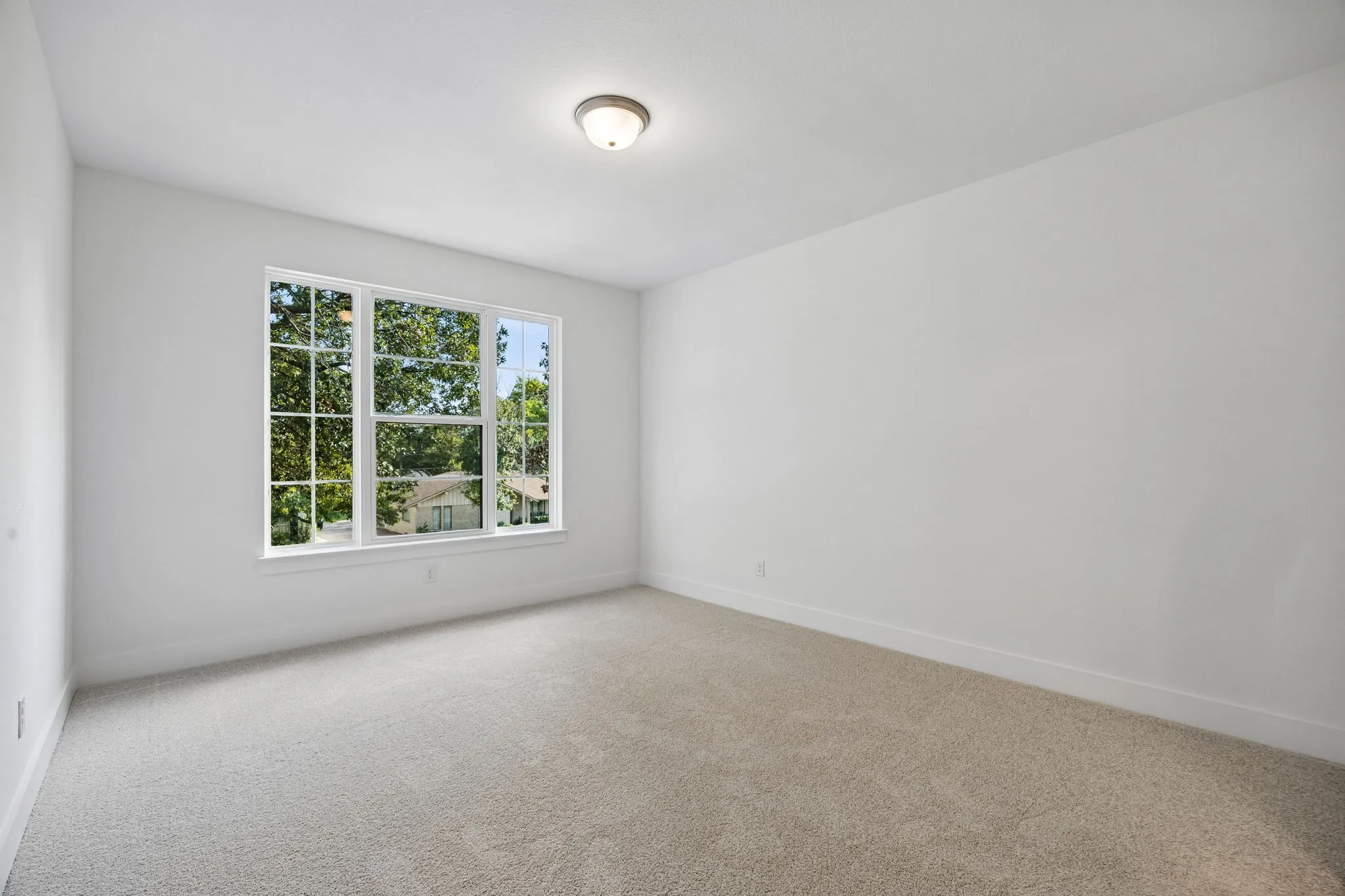 Neutral wall color, carpeted flooring, large multi-pane window, and a flush-mount ceiling light fixture