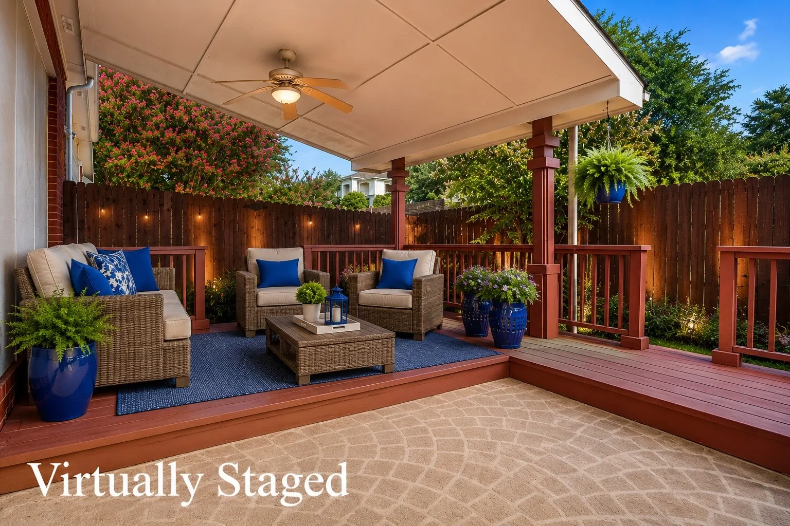 Virtually staged covered patio shows the large size of space to enjoy outside.
