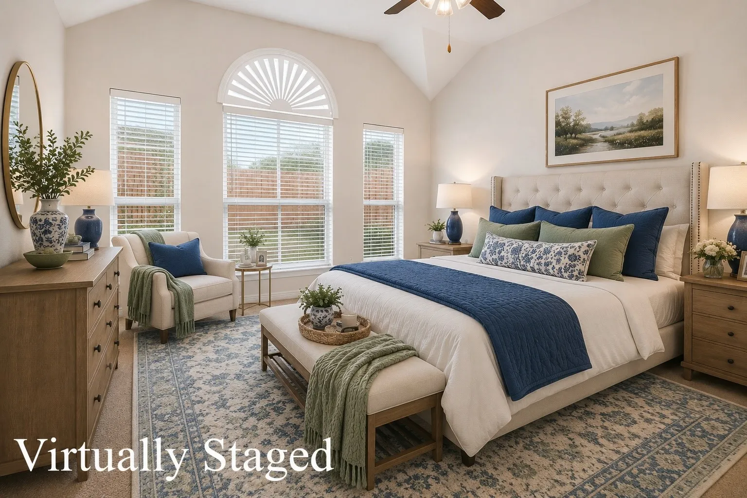 Virtually Staged Primary bedroom basks in natural light and has an ensuite bathroom with spacious closet.