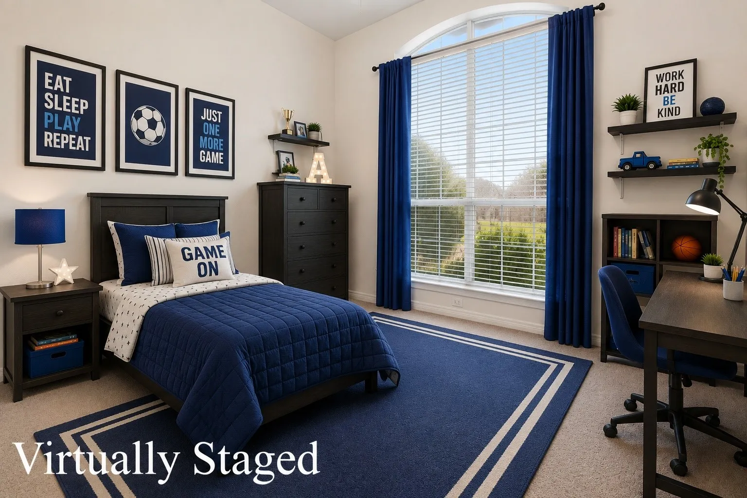 Virtually staged secondary bedroom is the first off the hall on the left.