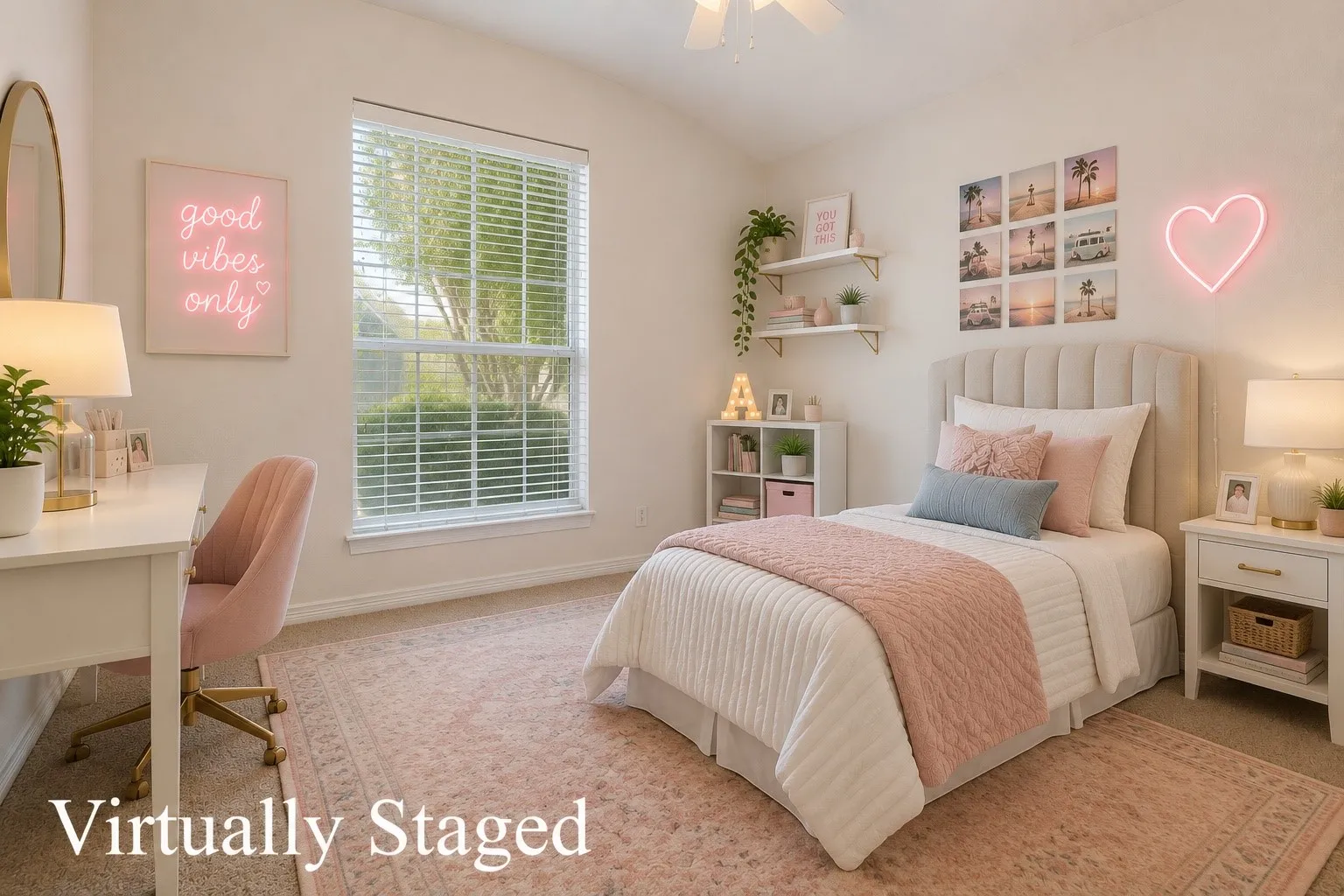 Virtually staged secondary bedroom is the second room off the hall on the left.