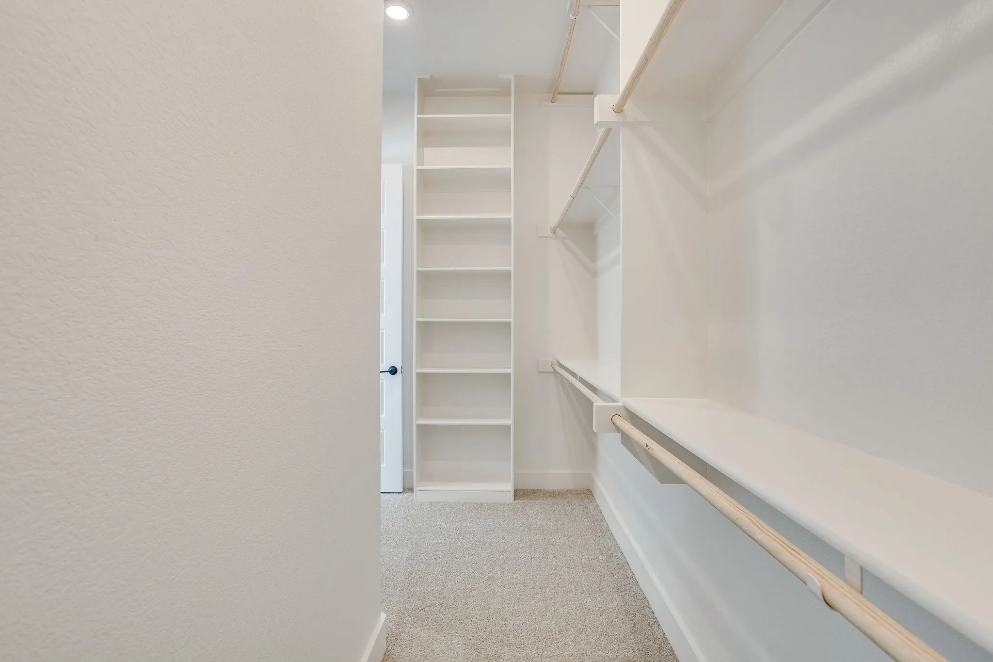 White closet system featuring multiple shelving units and hanging rods, recessed lighting, and light-toned carpeting