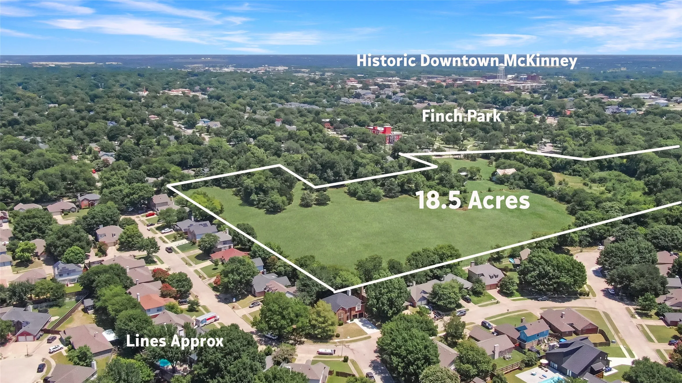 Expansive 18.5-acre parcel featuring significant green space and mature trees, surrounded by established residential areas
