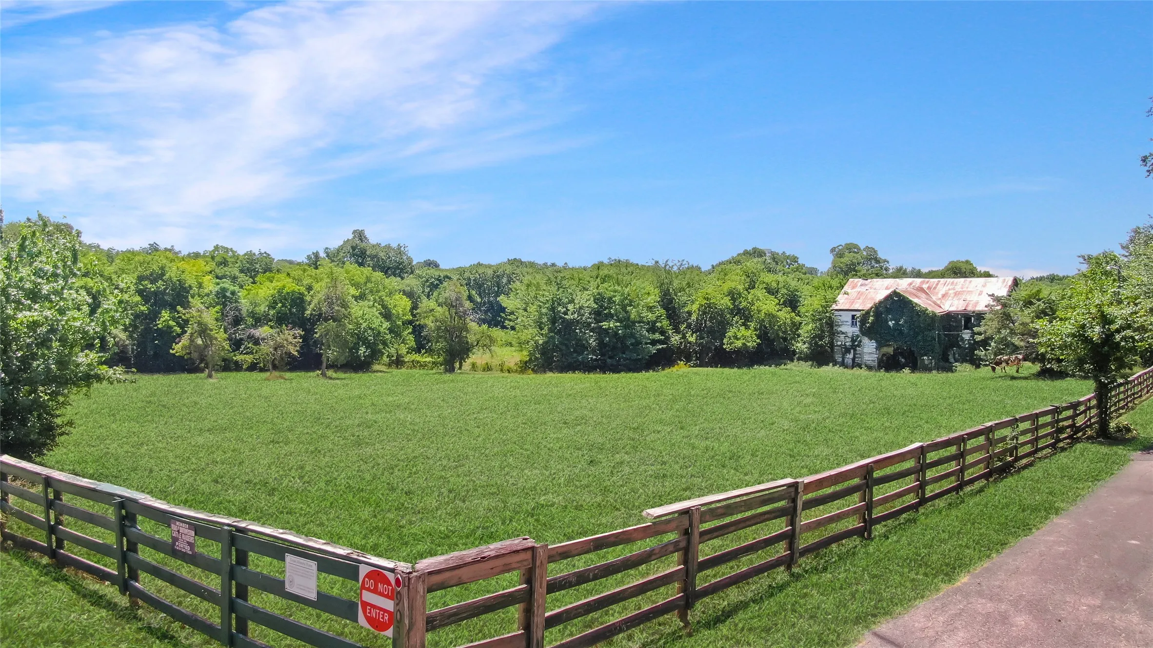 Expansive green pasture with a split-rail fence and a distant structure featuring ivy-covered siding and a metal roof