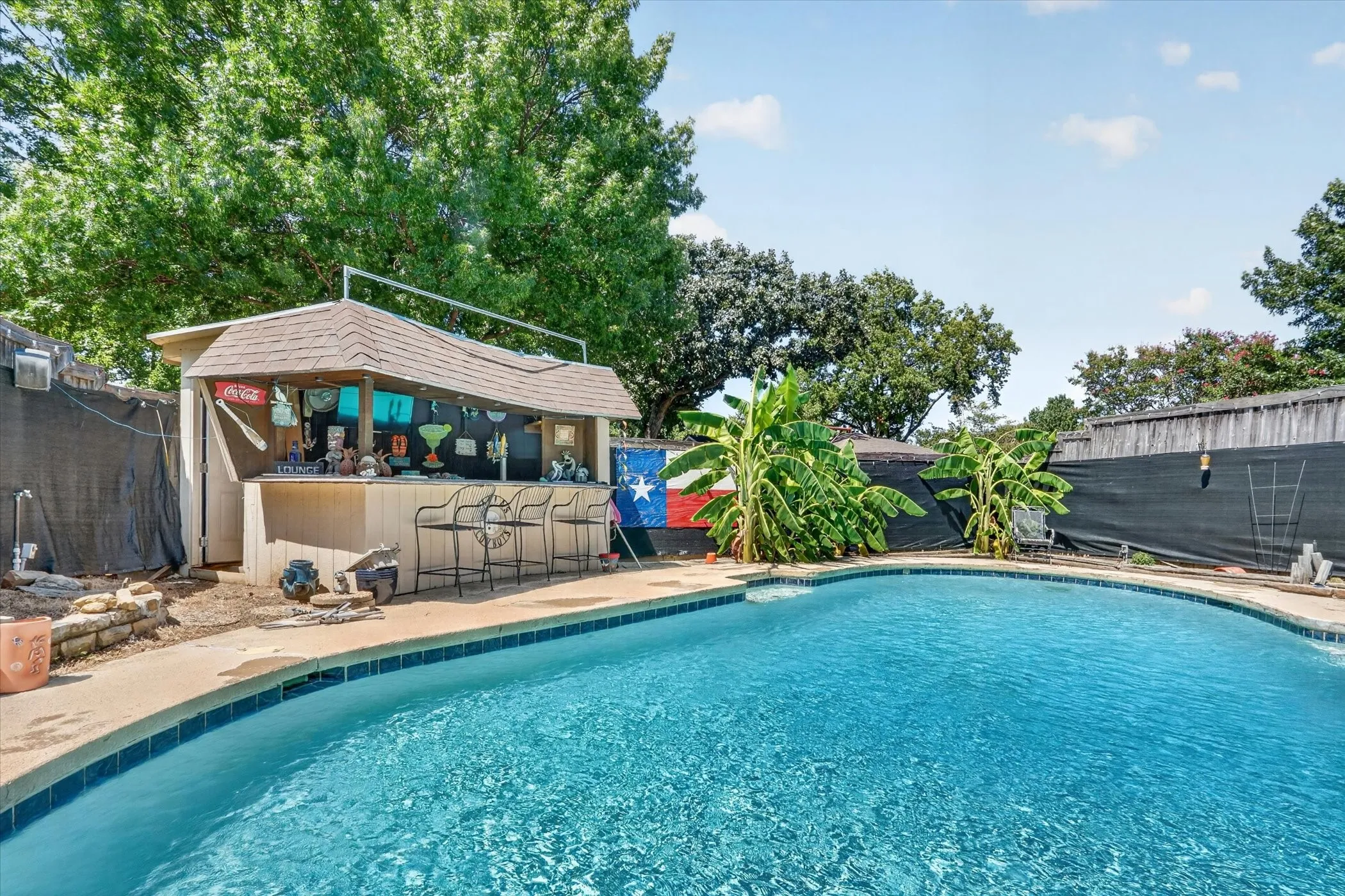 Backyard oasis featuring an in-ground swimming pool with a blue tile border and a concrete surround