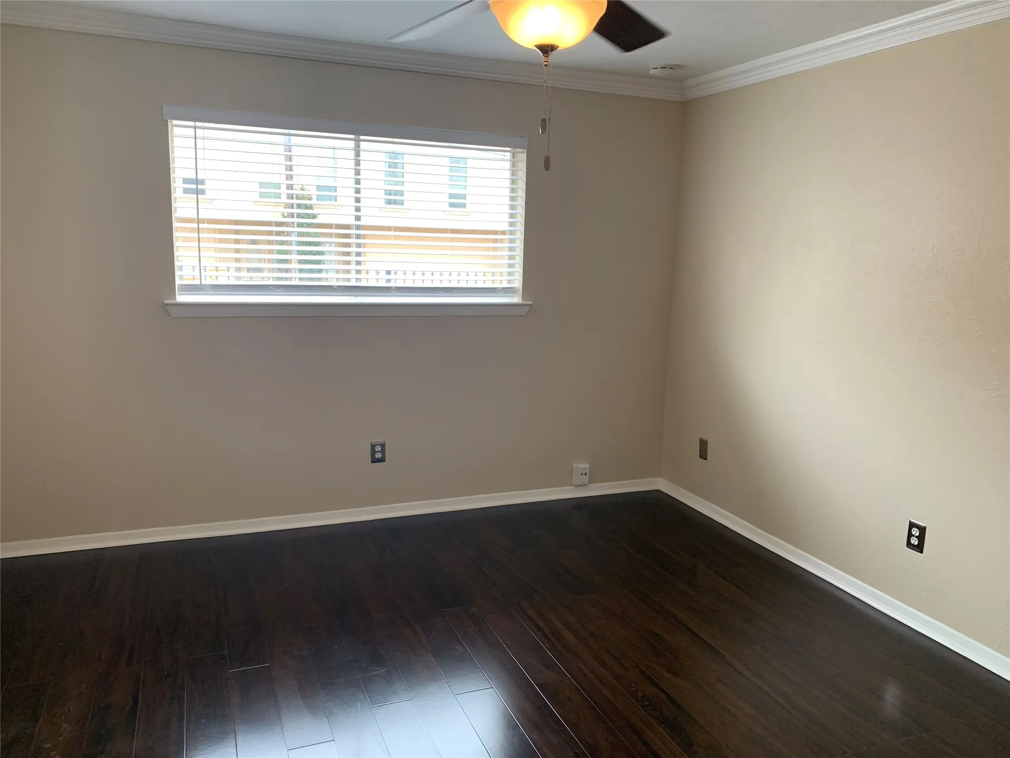 Room featuring dark wood-finish flooring, light-toned walls, and white crown molding