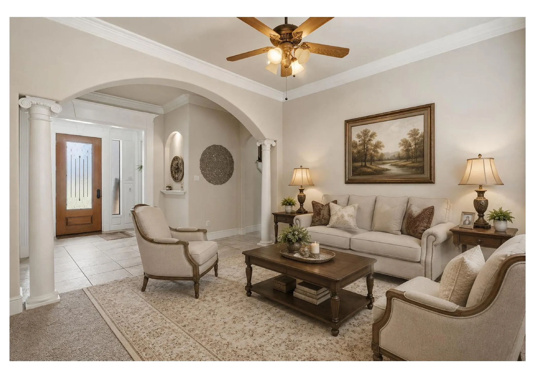Living area featuring crown molding, arched doorways, and a ceiling fan with integrated lighting - Virtually staged with AI