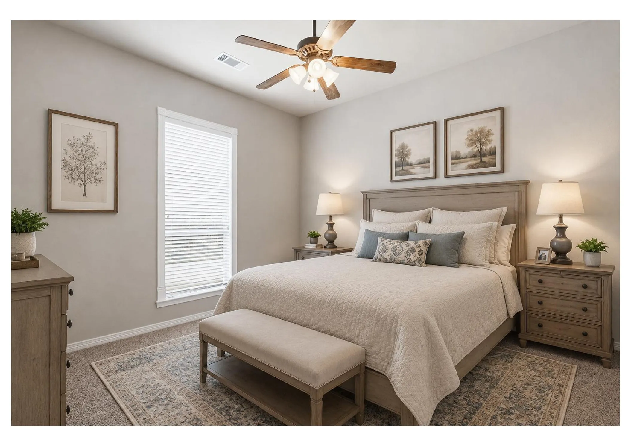 Carpeted bedroom featuring a window with horizontal blinds, a ceiling fan with integrated lighting, and neutral wall tones - virtually staged with AI