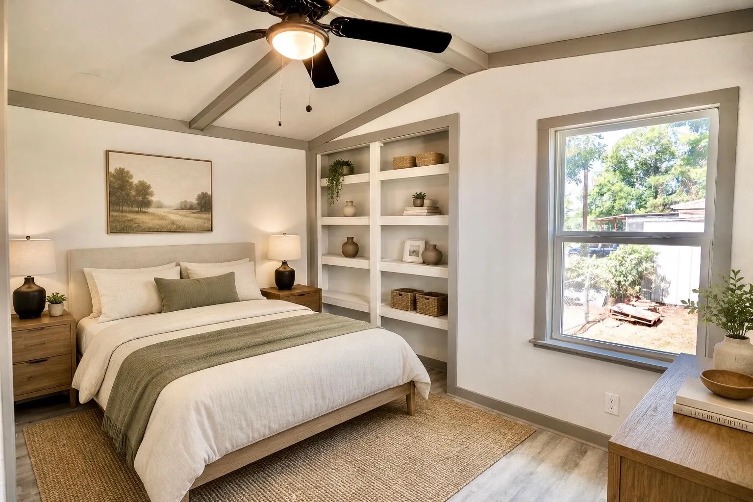 Vaulted ceiling featuring a ceiling fan with integrated lighting