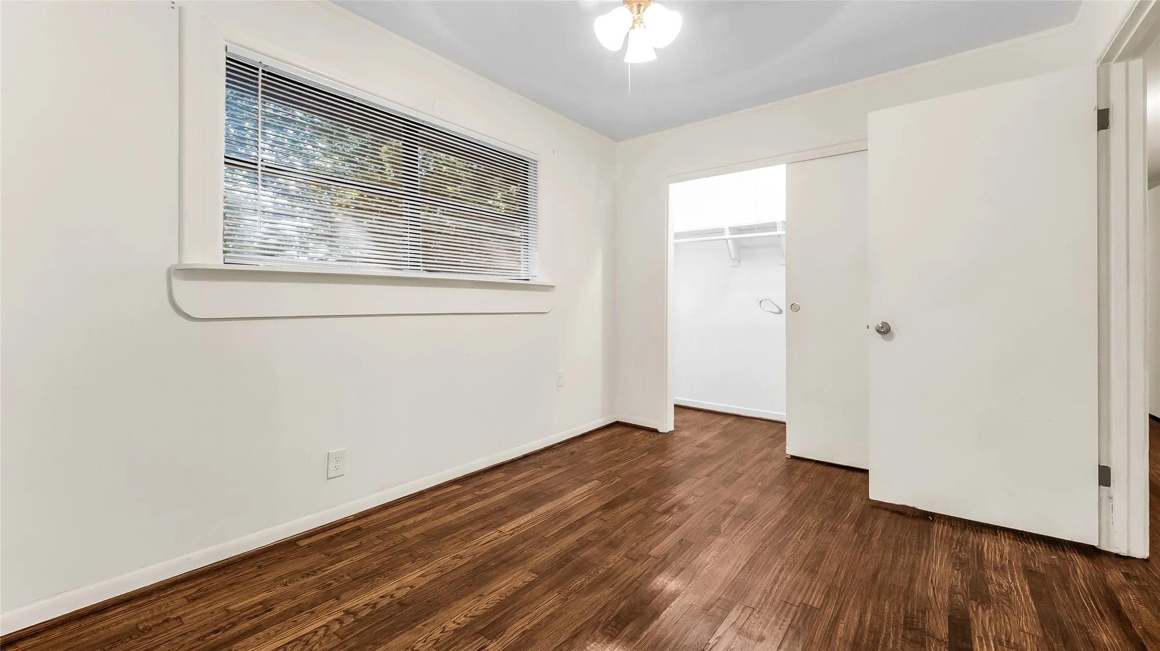 Hardwood-finish flooring, a ceiling fan, a window with blinds, and a built-in closet with shelving