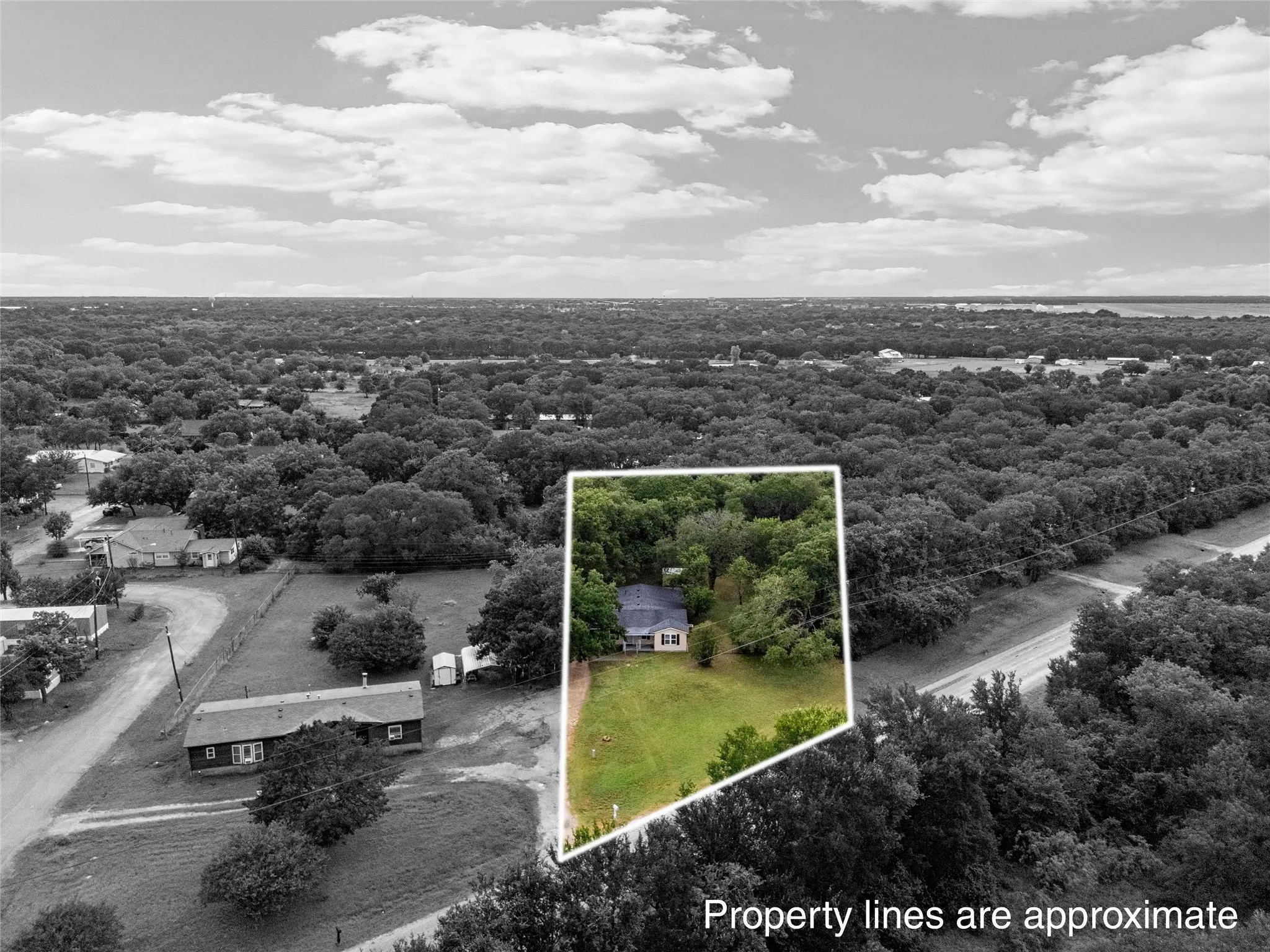 Aerial perspective showcasing a single-story residence surrounded by mature trees