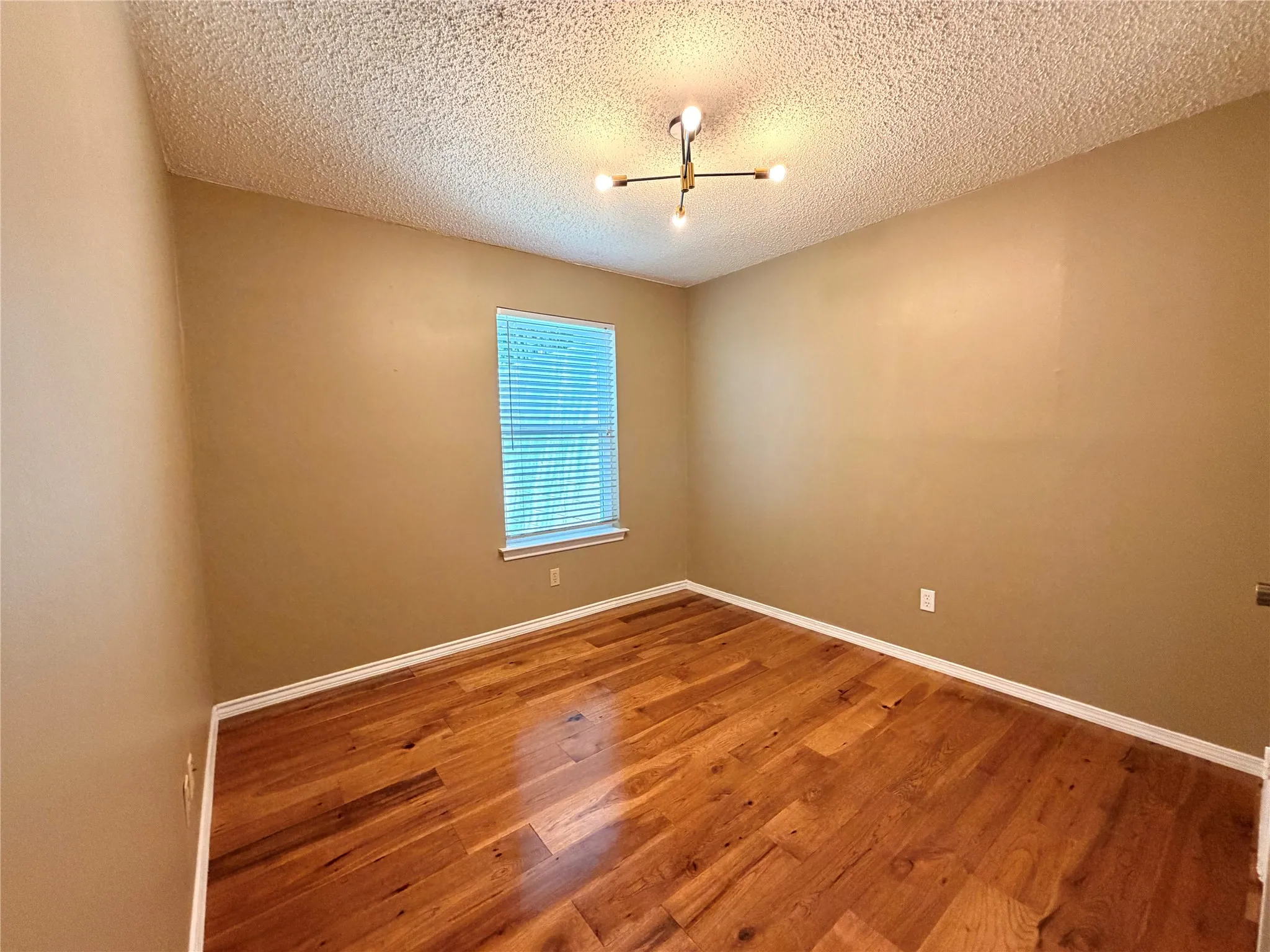 Room featuring wood-finish flooring, neutral wall tones, and white baseboards
