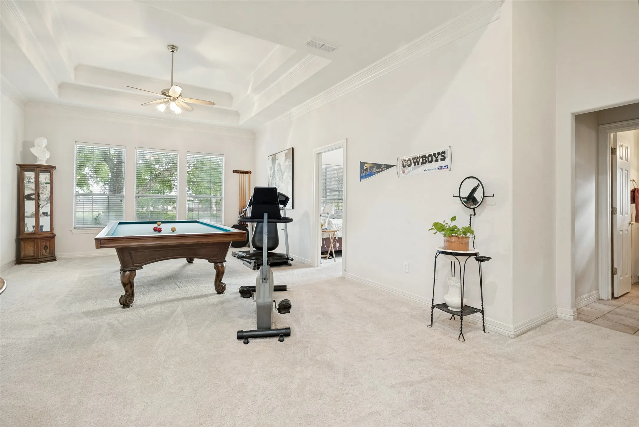 Spacious room featuring light-toned carpeting, a multi-tiered tray ceiling, and crown molding