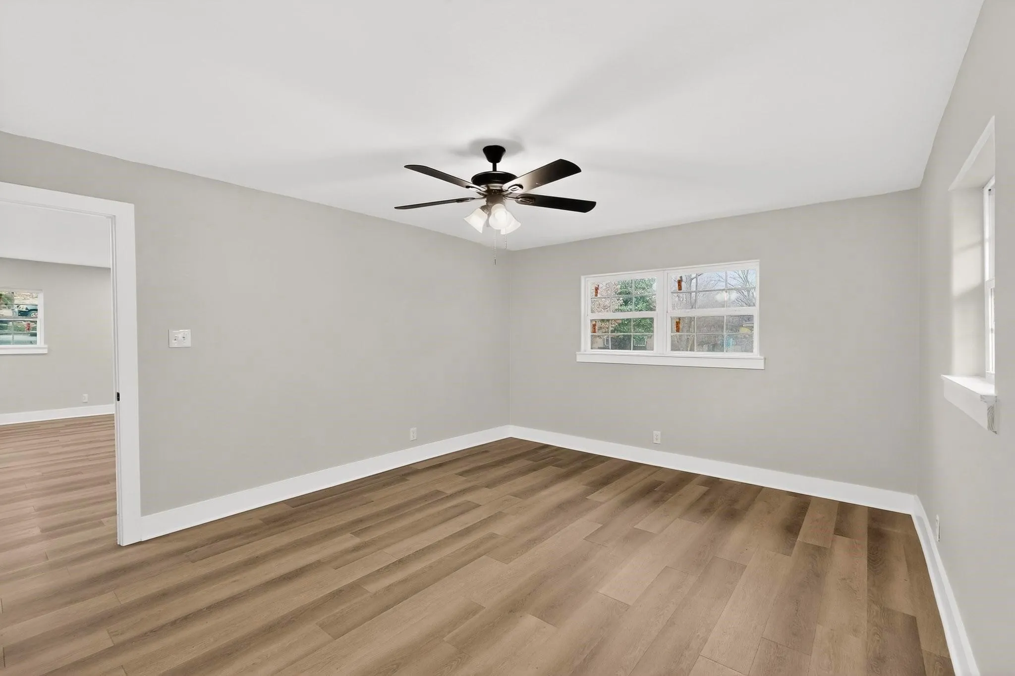 Room with wood-finish flooring, light gray walls, and white trim