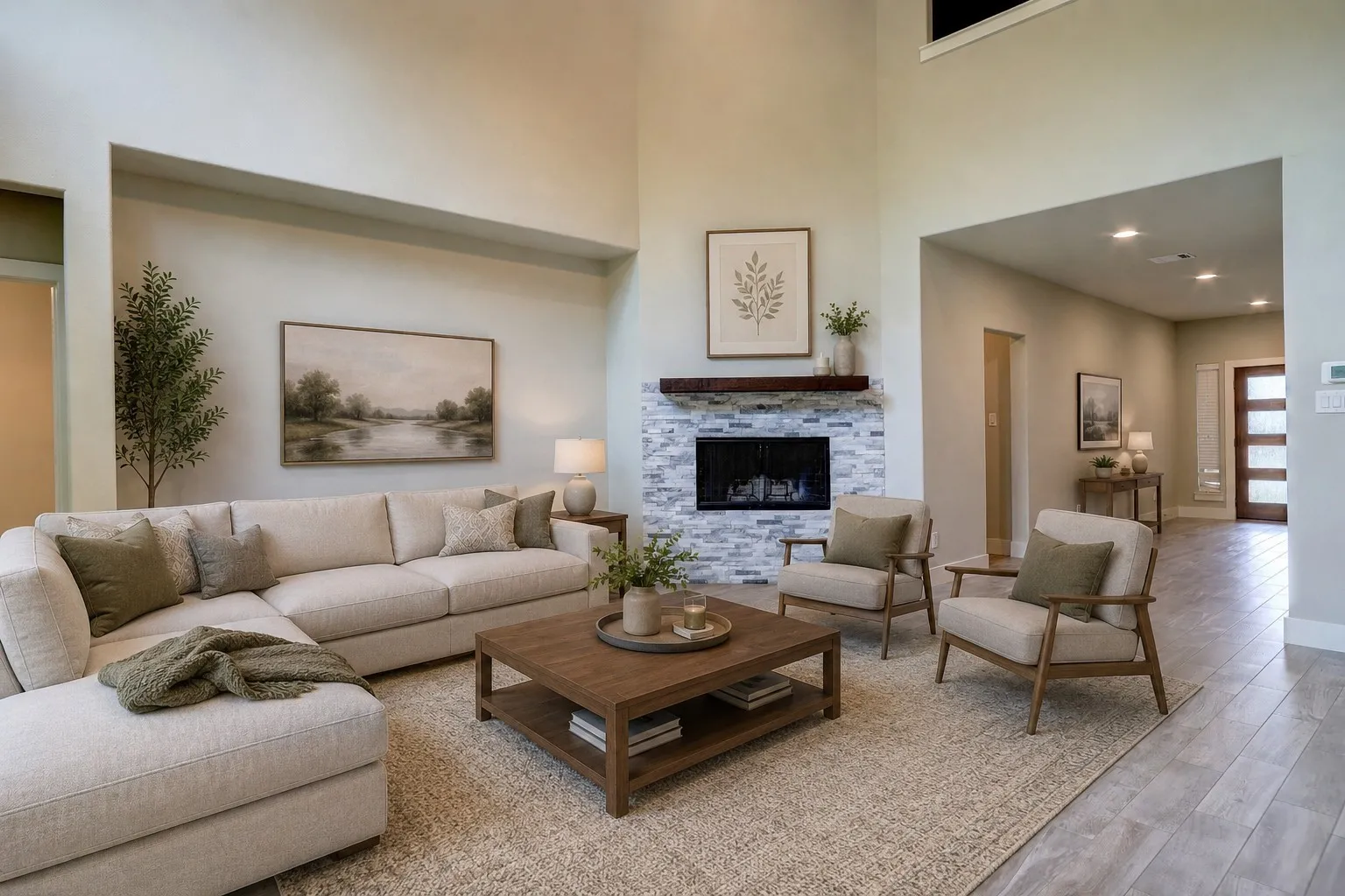 Virtually staged. Spacious living area featuring high ceilings, a fireplace with a stacked stone surround, and wood-finish flooring