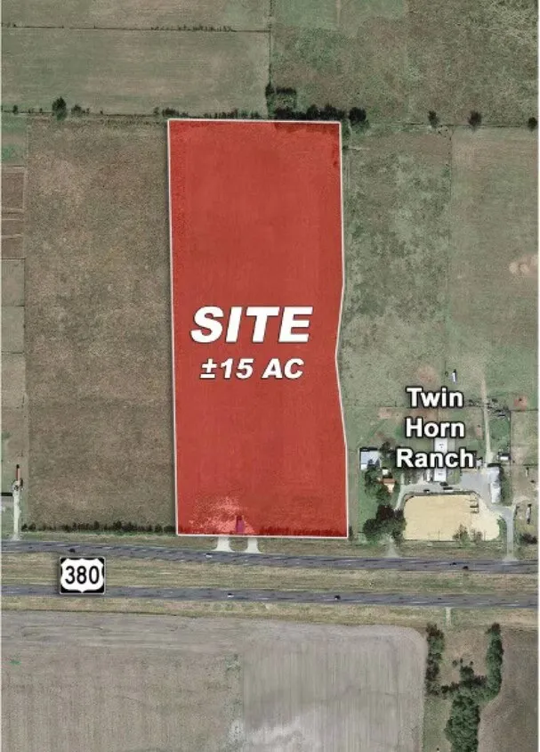 Aerial Map. Depicting the property location and approximate 15-acre boundary