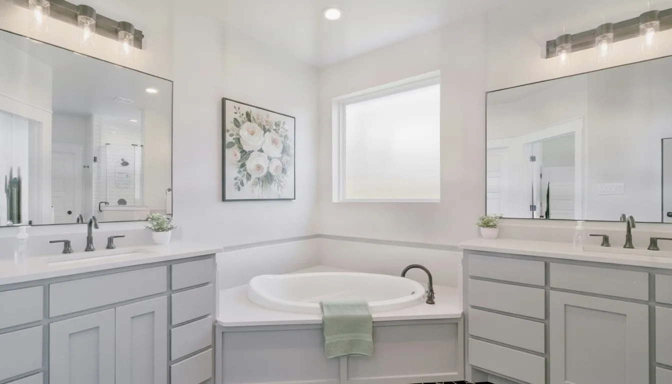 Primary bath with a stand alone tub, dual sinks, and a shower