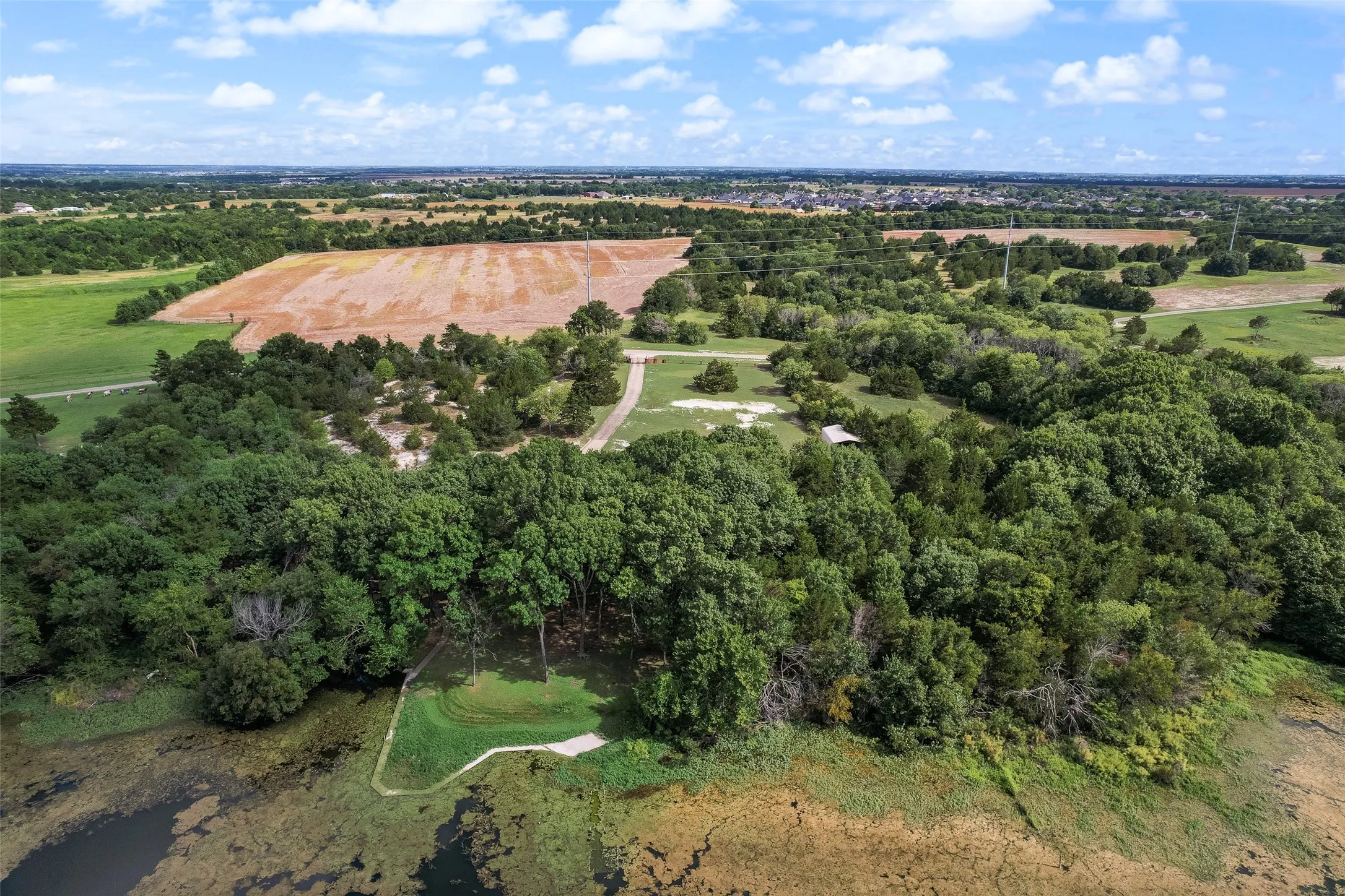 Expansive land parcel featuring dense treelines, open fields, and waterfront access with a small dock structure