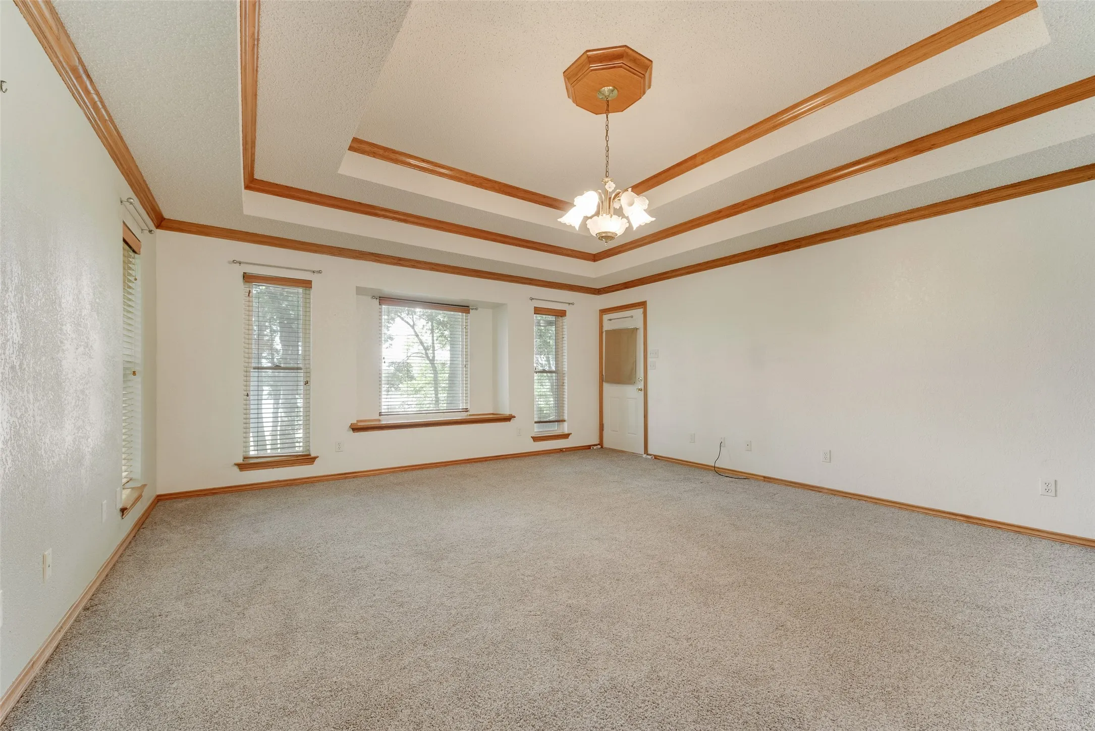 Spacious room featuring a tiered tray ceiling with wood trim, a chandelier, neutral carpeting, multiple windows with blinds, and wood-finish door and window trim