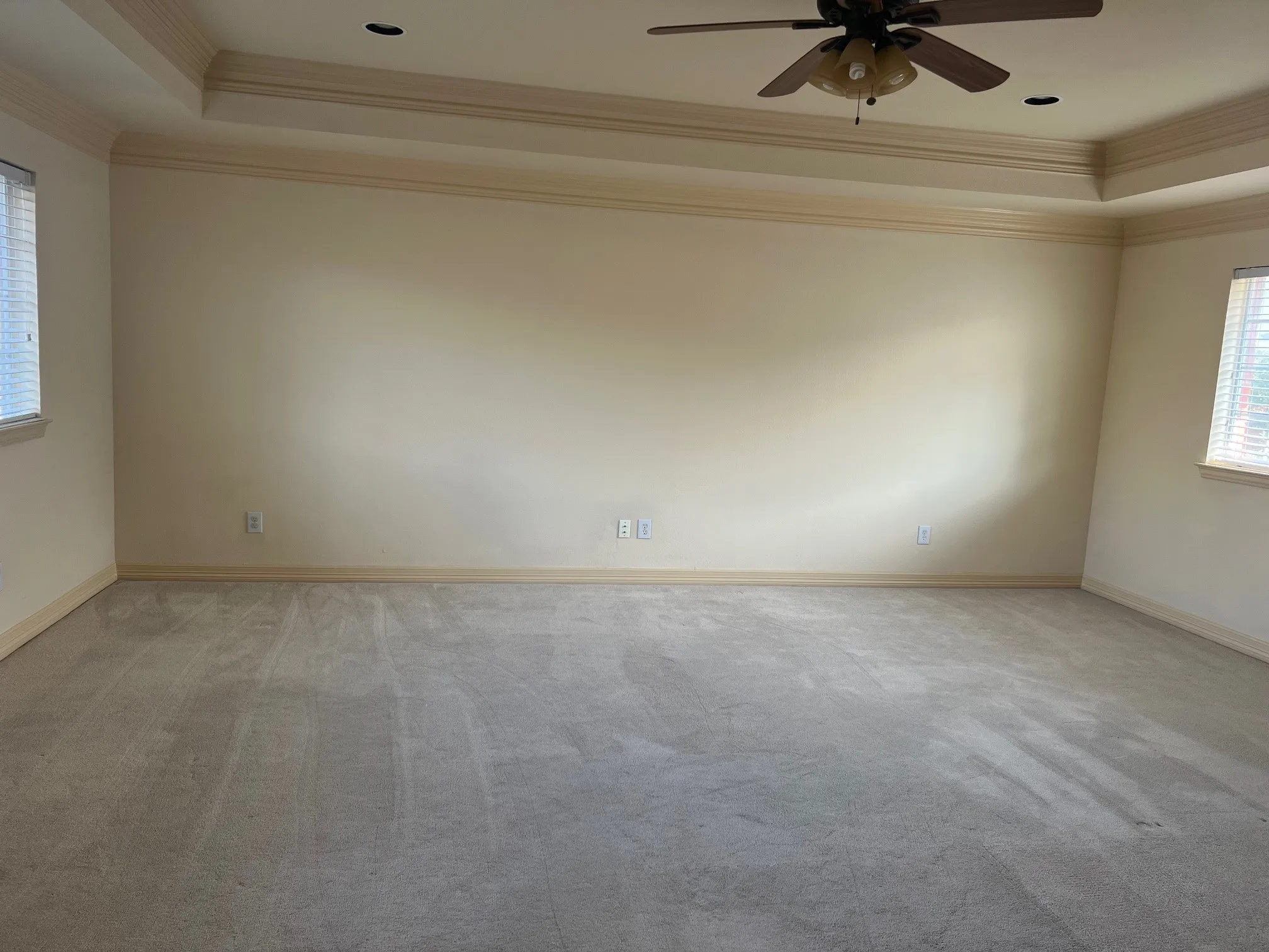 Carpeted empty room with crown molding, a raised ceiling, and ceiling fan