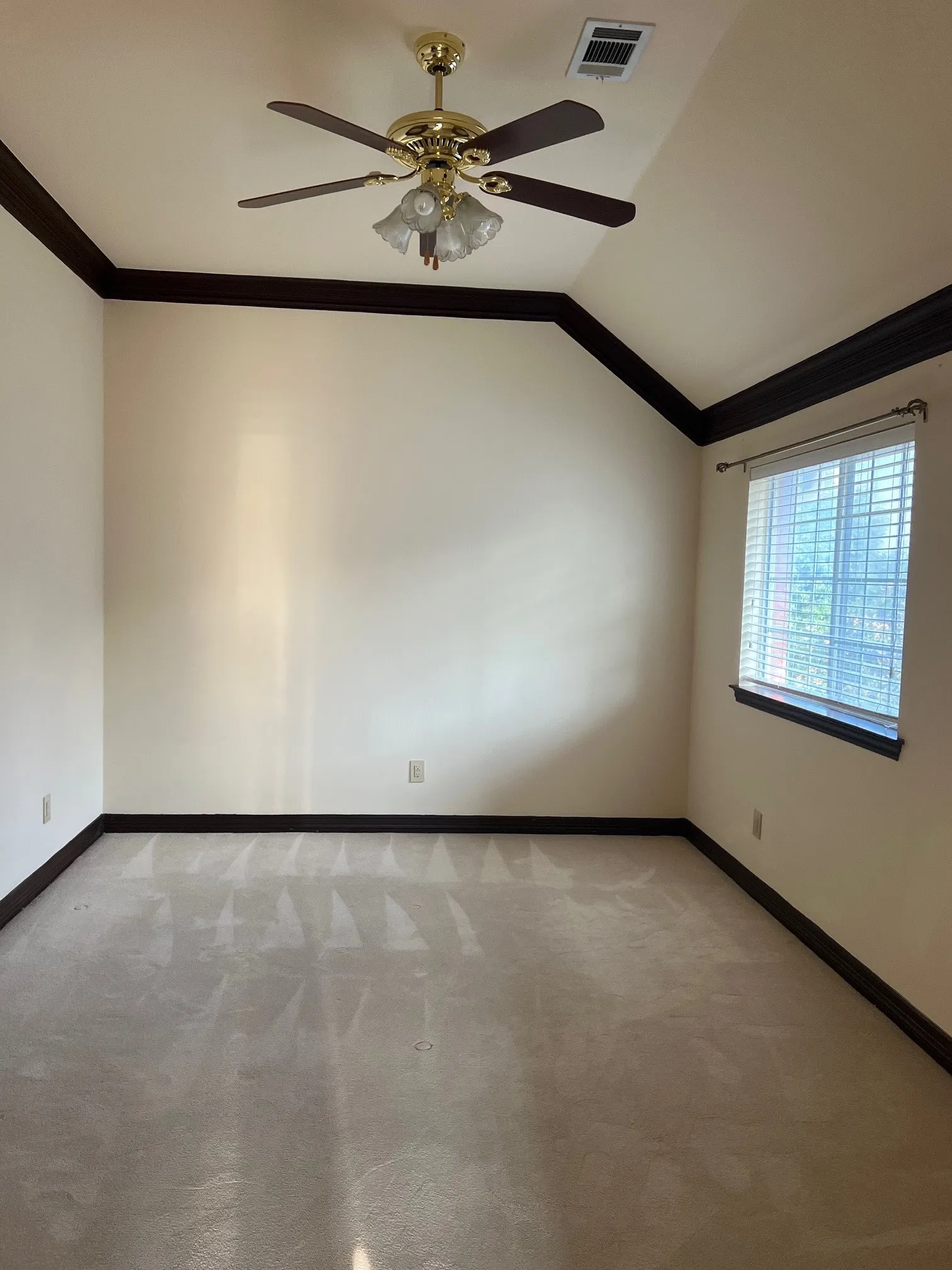 Carpeted spare room featuring lofted ceiling, ceiling fan, and ornamental molding