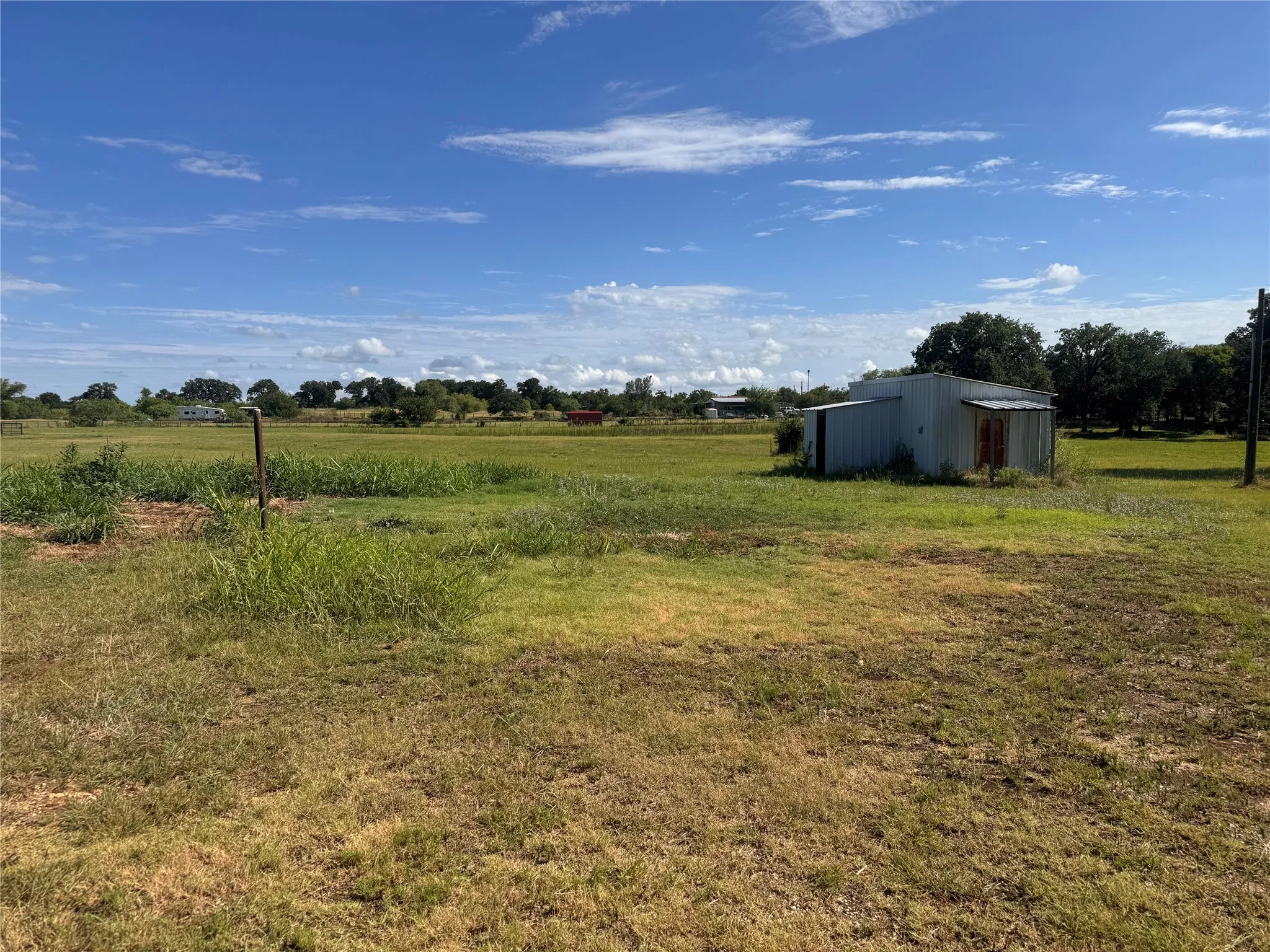 Open field with native grasses and a detached metal shed