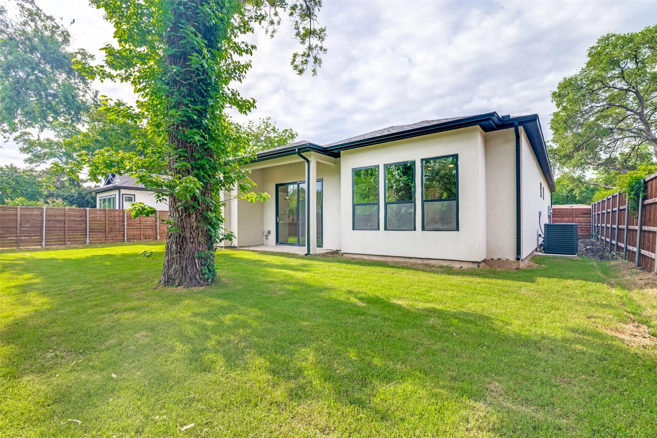 Expansive green lawn with a mature tree