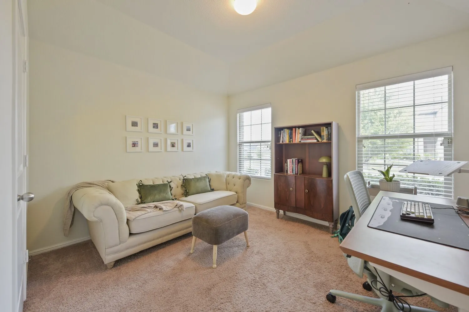 Spacious room featuring neutral wall paint, two windows with blinds, and light brown carpeting